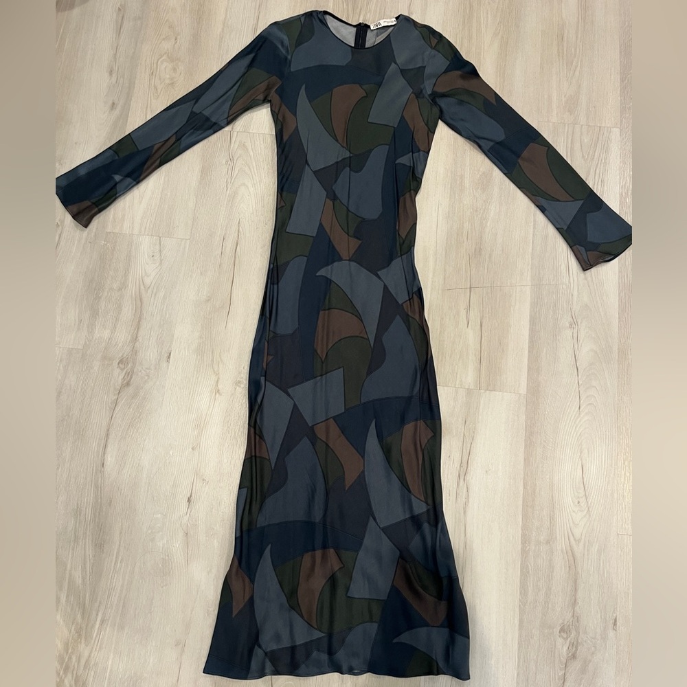 Zara Dress Womens XS Blue Patchwork Satin Bodycon Maxi Rebecka Long Sleeve - Picture 2 of 11